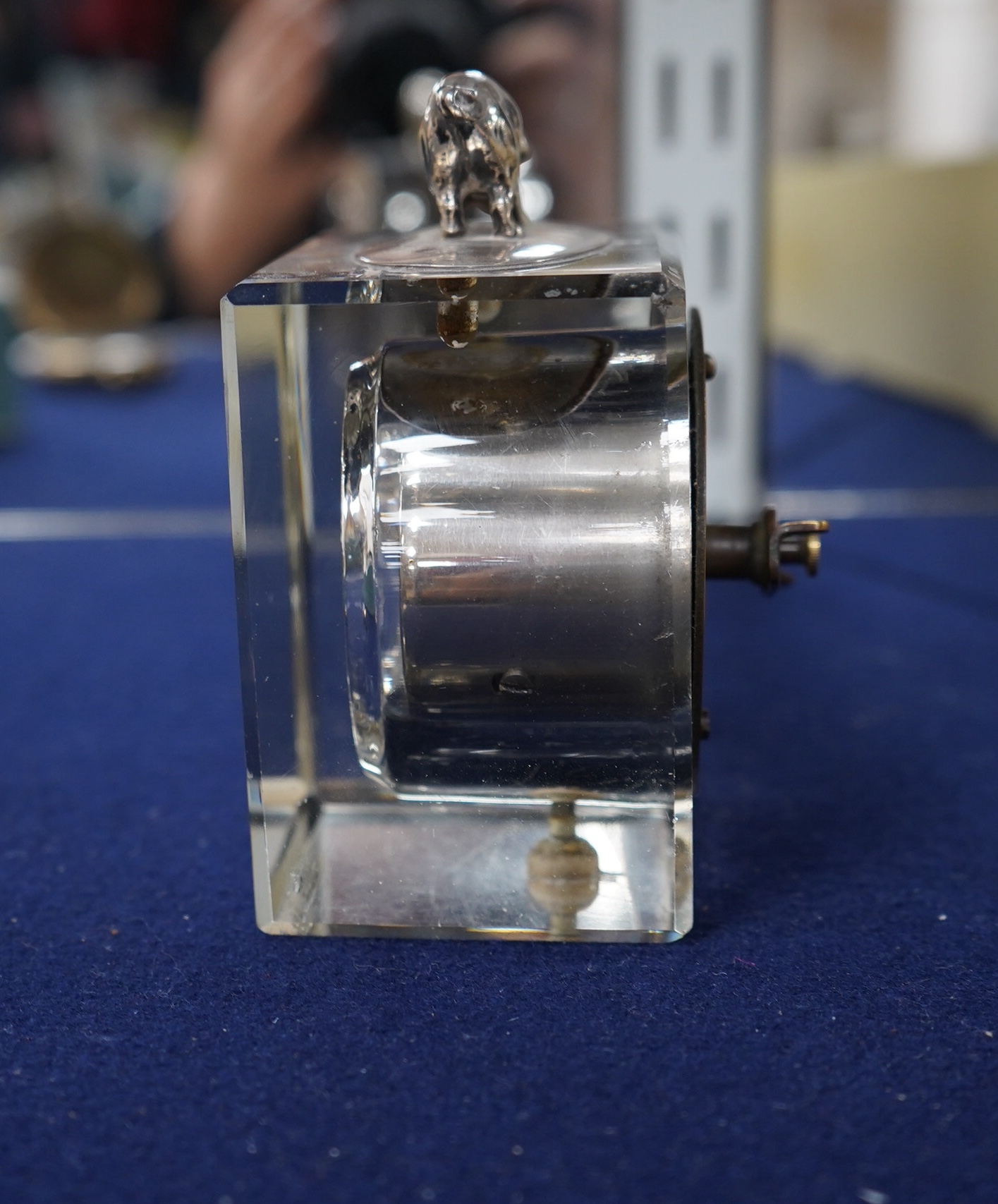 A gold plated Vertex hunter pocket watch and a George V silver mounted glass desk timepiece, with pig finial, height 95mm. Condition - poor.